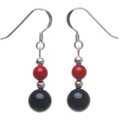Ohrringe Ohrhänger aus Koralle & Onyx, rot schwarz, 925 Silber, Ohrhaken