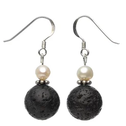 Ohrringe Ohrhänger aus Lava & Perlen, 925 Silber, schwarz-weiß