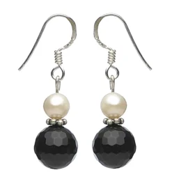 Ohrringe Ohrhänger, Onyx facettiert & Perlen, 925 Silber, schwarz weiß