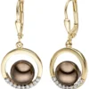 Ohrringe Ohrhänger 13,7x28,2mm Kreise mit Perlen braun & Zirkonia 333 Gelbgold