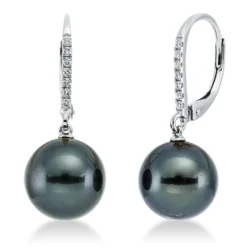 Ohrschmuck Ohrringe aus 750 Weißgold 2 Tahiti-Perlen 10mm dunkel mit Brillanten
