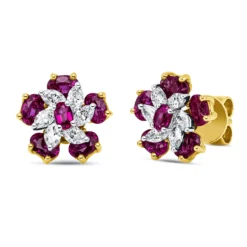 Ohrstecker aus 750 Gold gelb/weiß 12 Rubine 1,79ct rot mit Diamanten 9,9x10,2mm