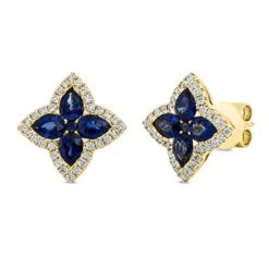 Ohrstecker Blumen aus 750 Gelbgold 10 Saphire 2,04ct blau 64 Brillanten 0,4ct TW-SI