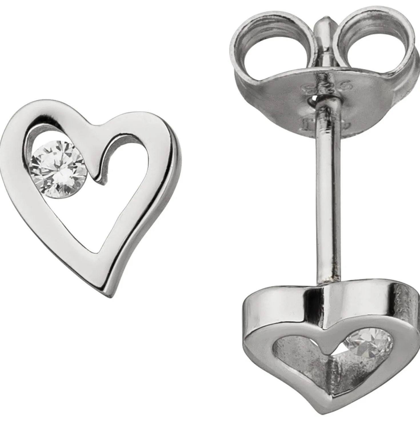 Ohrstecker Herzen mit 2 Zirkonia weiß 925 Silber rhodiniert Ohrschmuck Damen