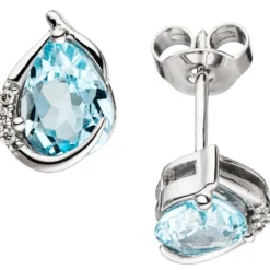 Ohrstecker mit Blautopas & 6 Diamanten 0.04Ct Brillanten 585 Gold Weißgold Damen