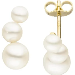 Ohrstecker mit 6 Süßwasser Perlen creme-weiß 585 Gold Gelbgold Ohrringe 17x6,7mm