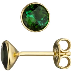 Ohrstecker Ohrringe Ohrschmuck, grüne runde Turmaline, umrahmt in 585 Gelbgold