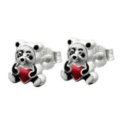 Ohrstecker Stecker Panda Bär mit Herz farbig lackiert, 925 Silber