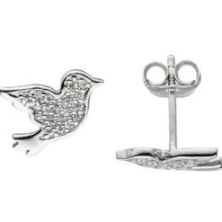 Ohrstecker Vogel aus 925 Silber flach mit 34 Zirkonia weiß Ohrschmuck Ohrringe