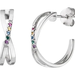 Paar Creolen Halbcreolen 925 Silber mit 10 Zirkonia Farbsteine multicolor