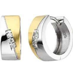 Paar Creolen 14,5x6,3mm aus 925 Silber bicolor vergoldet mit 6 Zirkonia Ohrringe