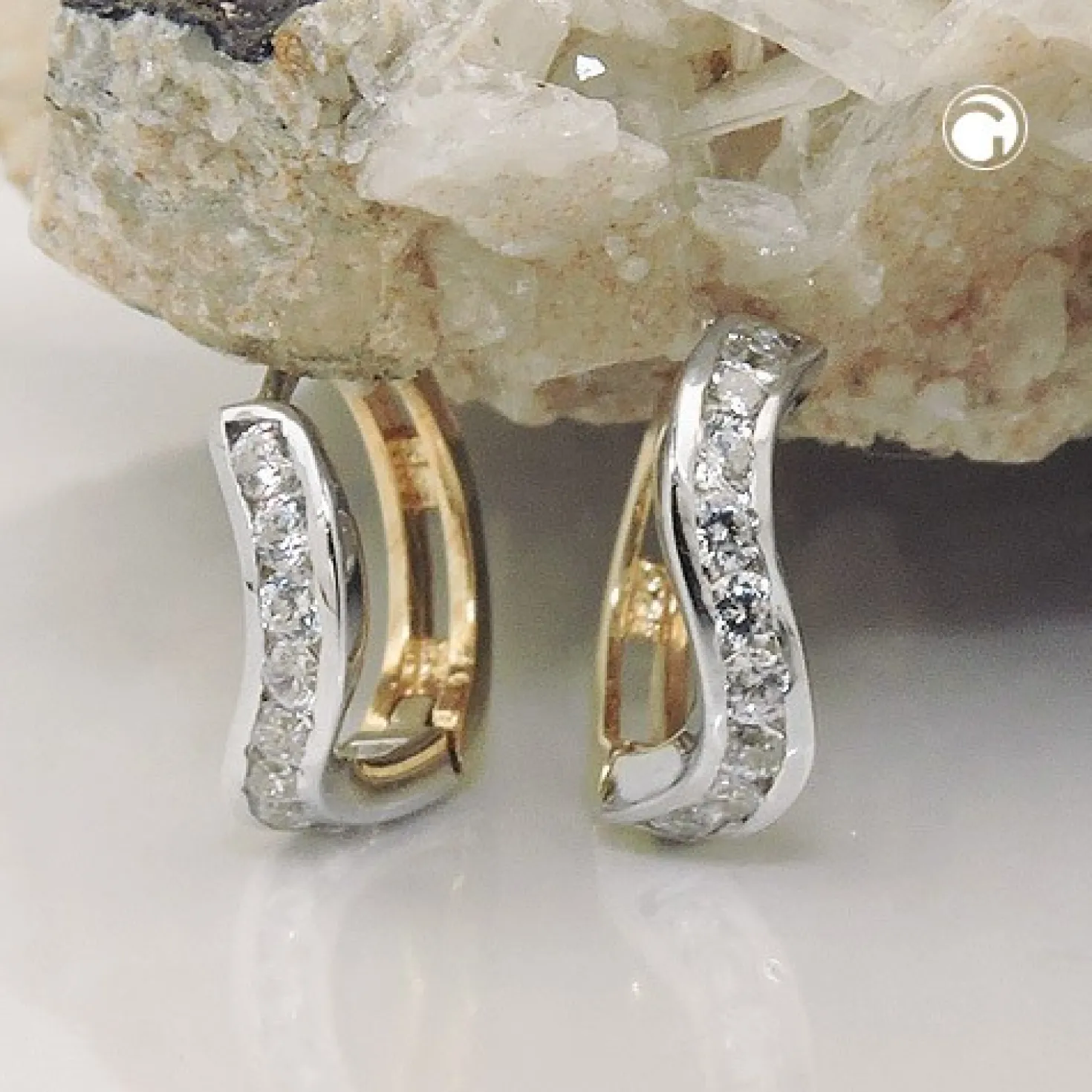Paar Creolen 12x3mm Ohrringe Klappcreole mit Zirkonia, 375 Gold Gelbgold bicolor