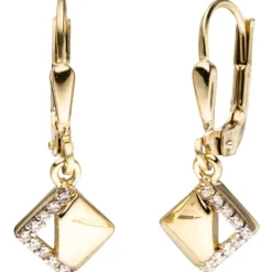 Paar Ohrringe Ohrhänger 8,1x23,2mm Rauten Rhombus mit Zirkonia 333 Gelbgold