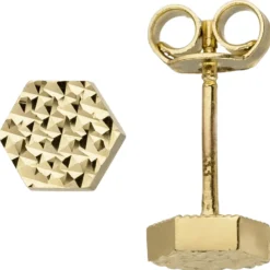 Paar Ohrringe Ohrstecker Hexagon Sechseck aus 333 Gold Gelbgold mit Struktur