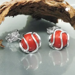 Paar Ohrstecker aufgearbeitete Koralle 7mm rot matt umwickelt 925 Silber