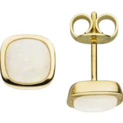 Paar Ohrstecker aus 585 Gold Gelbgold 2 Opale creme-weiß mit Schimmer Ohrringe