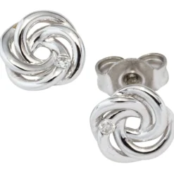 Paar Ohrstecker mit Diamanten 0.02Ct Knoten Form glänzend 585 Gold Weißgold