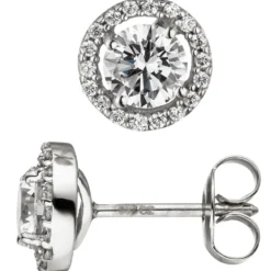 Paar Ohrstecker mit 38 weißen Zirkonia, 333 Gold Weißgold Ohrringe Ohrschmuck