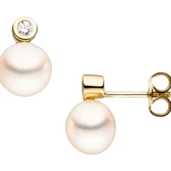 Paar Ohrstecker Ohrschmuck mit Süßwasser Perlen & Zirkonia 333 Gold Gelbgold