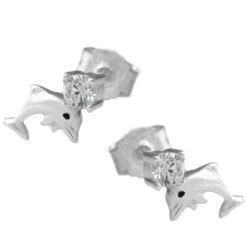Paar Stecker Ohrstecker, Delfin Delfine, mit Zirkonia, 925 Echt Silber