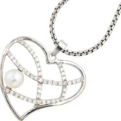 Perlenanhänger Anhänger 27,3x24mm Herz Perle & Zirkonia 925 Echt Silber Damen