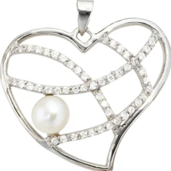 Perlenanhänger Anhänger 27,3x24mm Herz Perle & Zirkonia 925 Echt Silber Damen