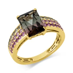 Ring aus 750 Gold Gelbgold 43 Saphire 3,7ct grün B:9,7mm 4er-Krappe