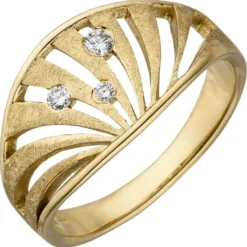 Ring aus 585 Gold Gelbgold teil- 3 Brillanten 0,10 Ct Bogen-Muster