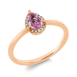 Ring aus 750 Rotgold Saphir 0,32ct pink 15 Diamanten 0,04ct TW-SI B:8mm 3er-Krappe