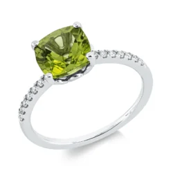 Ring aus 750 Weißgold Peridot 2,24ct 14 Brillanten 0,11ct TW-SI B:8mm 4er-Krappe
