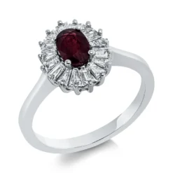 Ring aus 750 Weißgold Rubin 0,62ct rot 16 Diamanten Trapez-Schliff 0,44ct F-VSI
