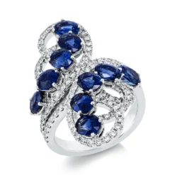 Ring aus 750 Weißgold 10 Saphire 4,79ct blau 106 Brillanten 1ct F-VVS/VS B:32mm