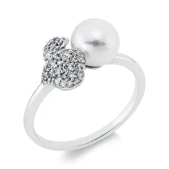 Ring aus 750 Weißgold Süßwasser-Perle 7mm weiß 34 Brillanten 0,2ct TW-SI