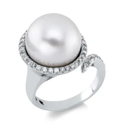 Ring aus 750 Weißgold Süßwasser-Perle 12,4mm weiß 41 Brillanten 0,36ct F-SI