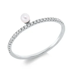 Ring aus 750 Weißgold Süßwasser-Perle 3mm weiß 27 Brillanten 0,09ct TW-SI