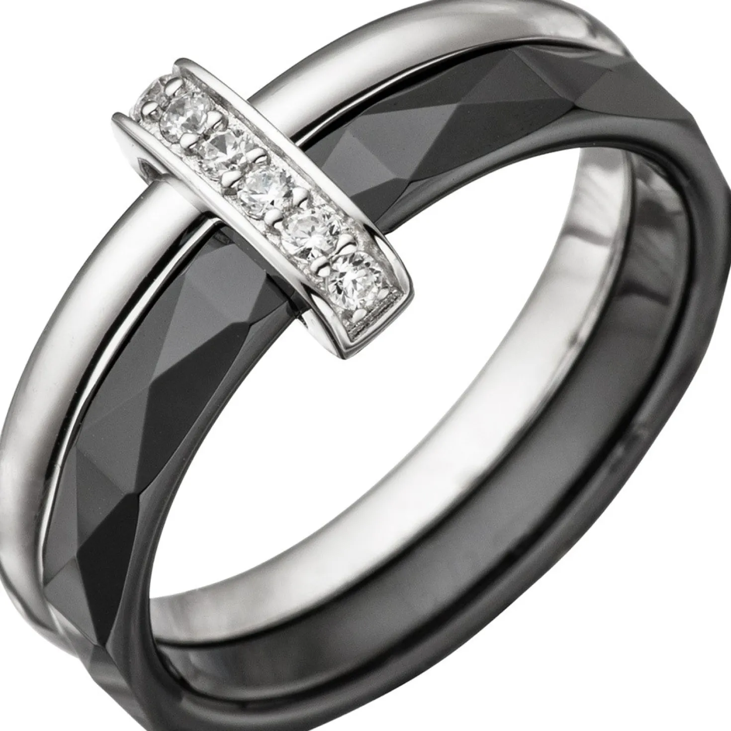 Ring Damenring aus Keramik schwarz & 925 Silber mit Zirkonia weiß Fingerring