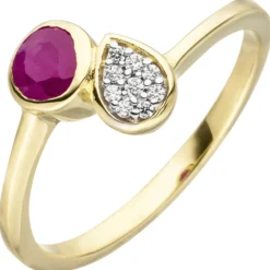Ring Damenring mit Rubin rot & 9 Zirkonia weiß 333 Gold Gelbgold Kreis & Tropfen