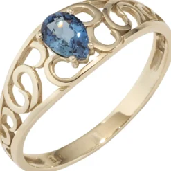 Ring Damenring mit Saphir Safir blau, 585 Gold Gelbgold Fingerring mit Muster