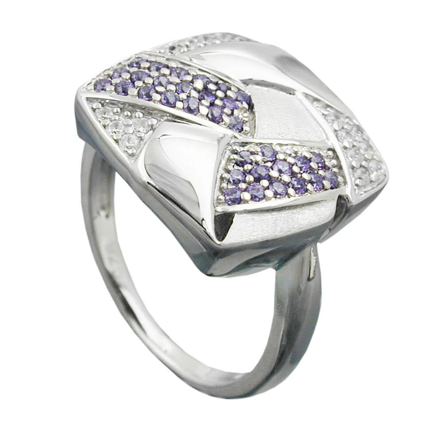 Ring Damenring Viereck mit Muster Zirkonia lila weiß 925 Silber