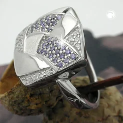 Ring Damenring Viereck mit Muster Zirkonia lila weiß 925 Silber