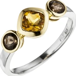 Ring gelber Citrin zwischen Rauchquarzen 925 Silber Gelbgold vergoldet