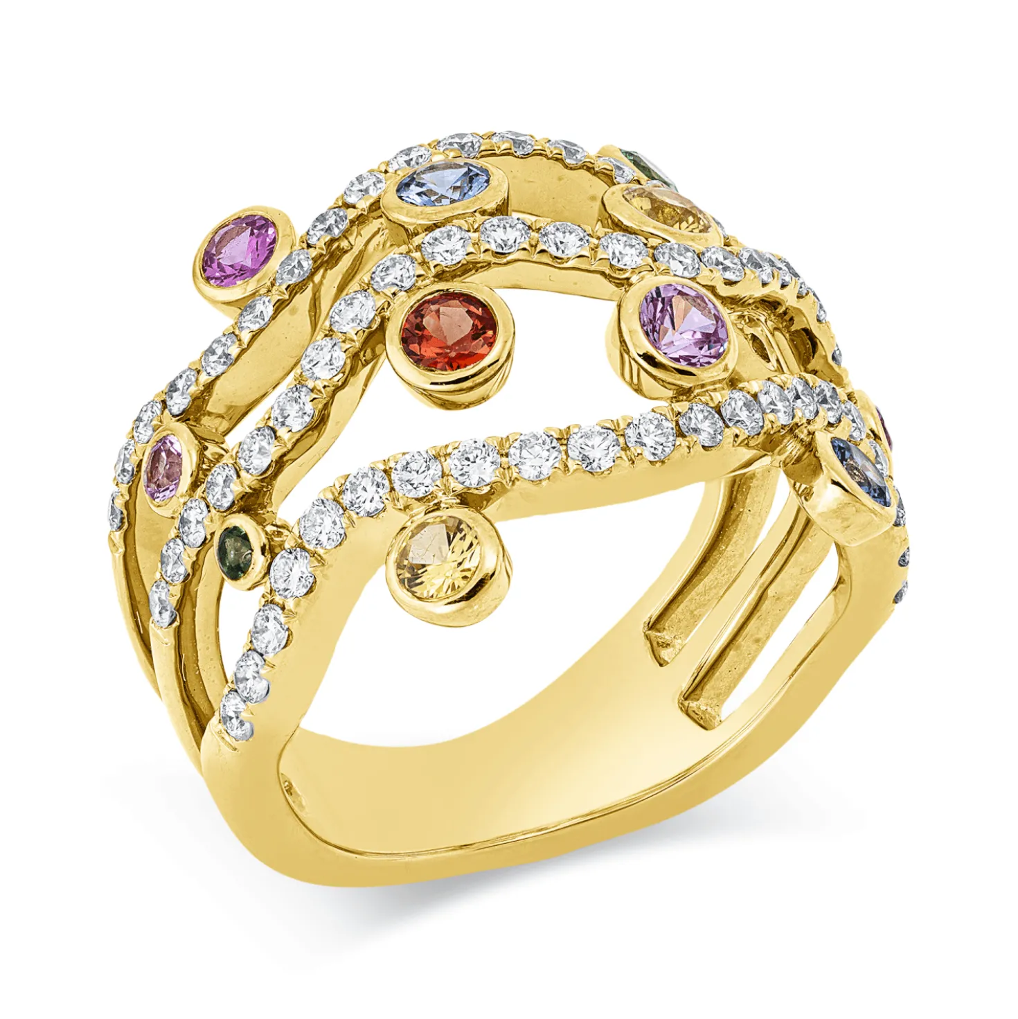 Ring 750 Gelbgold 12 Saphire 0,78ct mehrfarbig 65 Brillanten 0,74ct TW-VSI B:17,1mm