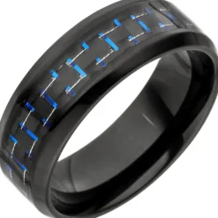 Ring Herrenring, Edelstahl schwarz lackiert mit Carbon Einlagen blaue Striche