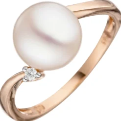 Ring mit Süßwasser Perle weiß & Diamant 0.03Ct W/SI Brillant 585 Gold Rotgold