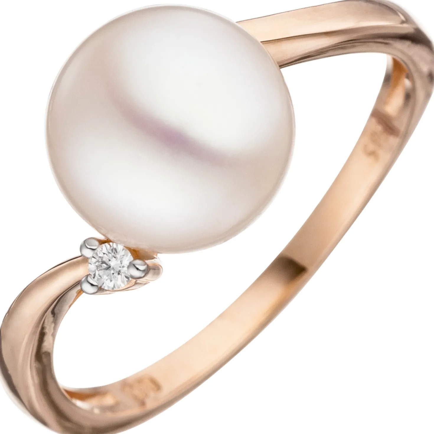 Ring mit Süßwasser Perle weiß & Diamant 0.03Ct W/SI Brillant 585 Gold Rotgold