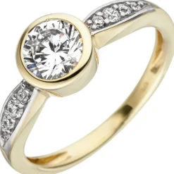 Ring mit weißen Zirkonia Solitär runde Fassung 375 Gold Gelbgold Fingerschmuck