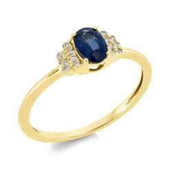 Ring Oval aus 750 Gelbgold Saphir 0,62ct blau 14 Brillanten 0,06ct TW-SI B:5,8mm