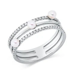 Ring 3-reihig aus 750 Weißgold 3 Süßwasser-Perlen 3mm weiß mit Brillanten B:7mm