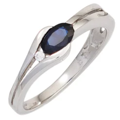 Ring Saphir Safir blau dunkelblau Diamant 0.02Ct W/P1 Brillant 333 Gold Weißgold