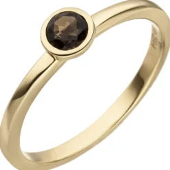 Ring Solitär Damenring mit Rauchquarz, facettiert rund, 585 Gold Gelbgold